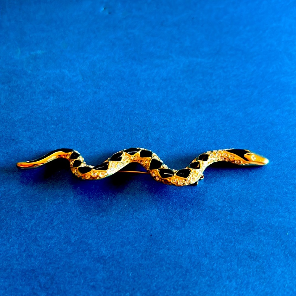 Vintage Costume Snake Brooch, Black Enamel and Crystals 4”